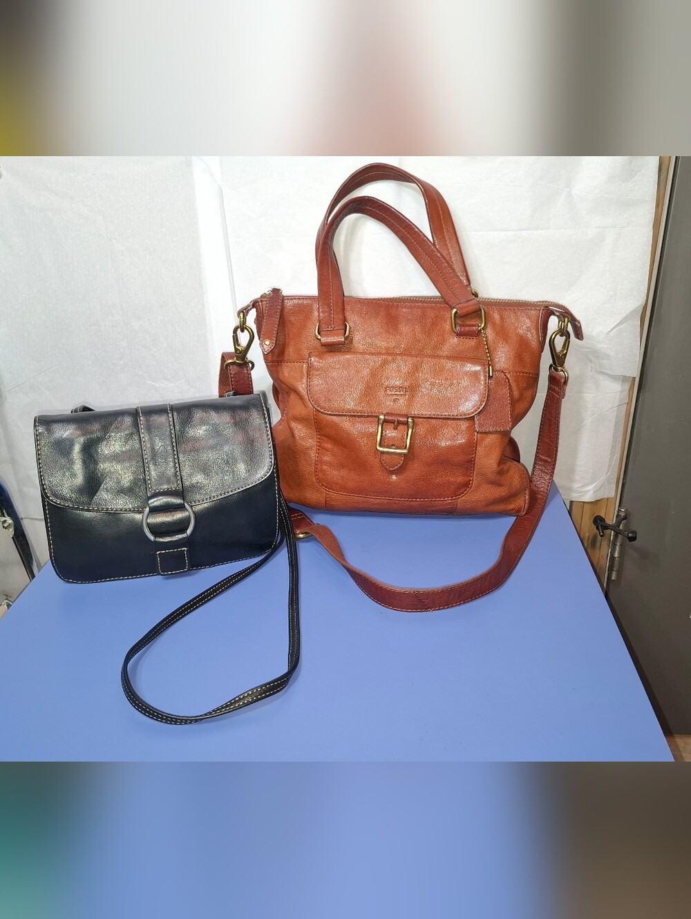 Vintage Fossil Leather Tote and Crossbody Duo in Cognac Brown and Black- EUC